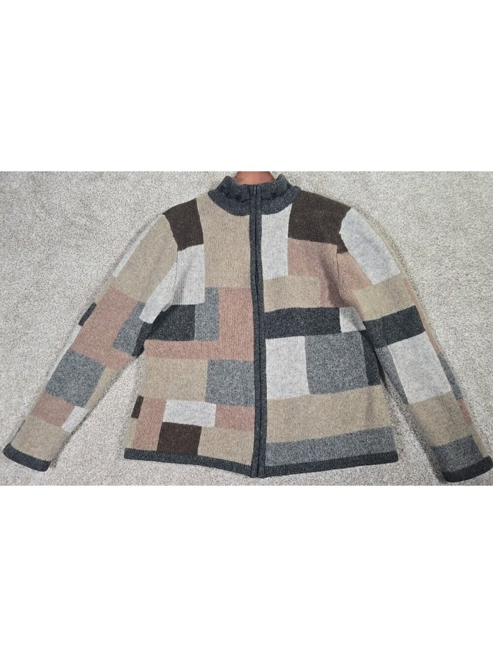 Talbots 100% Wool Sweater Jacket Full Zip All Over Color Block High Collar Sz L